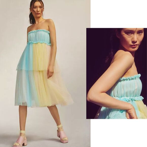 Anthropologie Pernille Rosenkilde Strapless Tulle Midi Dress Small Yellow NWT - Picture 1 of 11